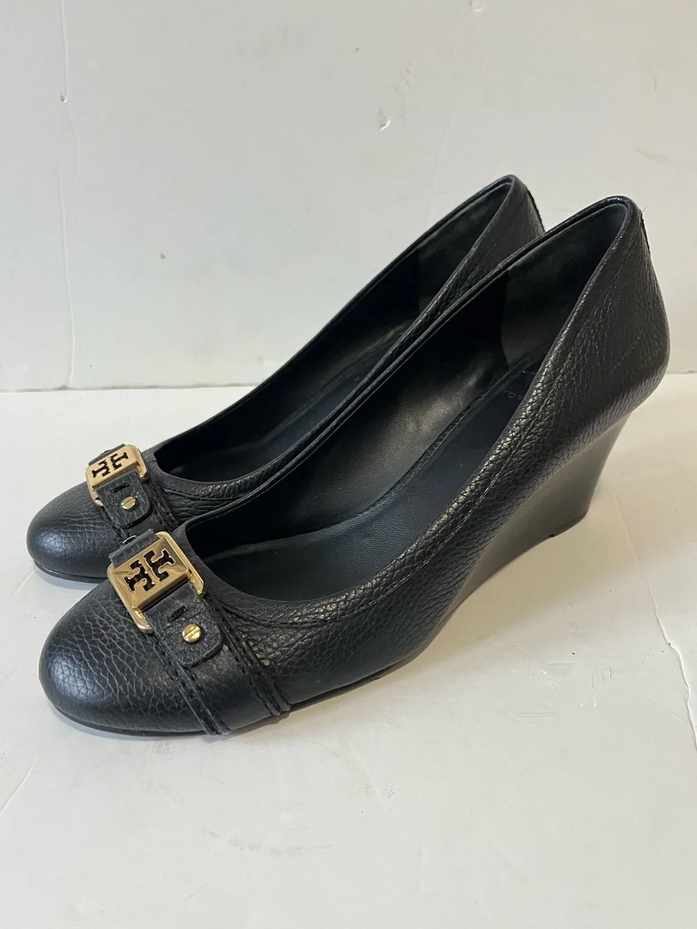 Tory Burch Black Leather Wedge Pumps with Gold Accent size 9M